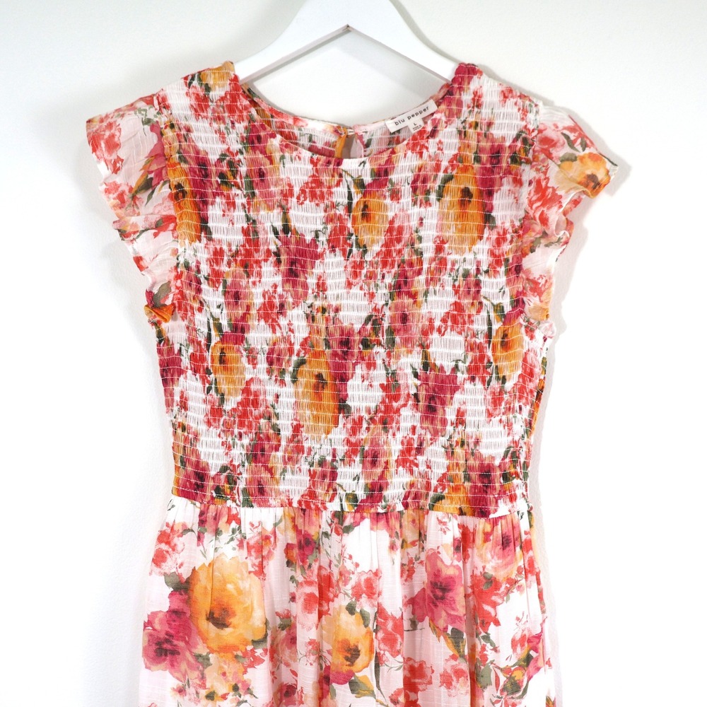 Blu Pepper Floral Smocked Maxi Dress Pink Orange Tiered Ruffle Cap Sleeve Large - Picture 2 of 9